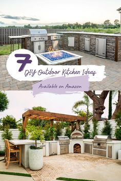 an outdoor kitchen with grills and tables