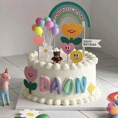 there is a birthday cake with balloons on it