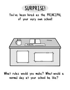 a cartoon drawing of a desk with the words surprise written on it, and an image of