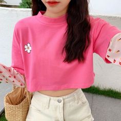 Free Shipping- Flower Printed Pink Top Korean Top, Flower Print Blouse, Kawaii Harajuku, Pink Crop Top, Pink Tshirt, Bear Print, Lantern Sleeves, Pink Tops, Pink Print