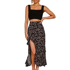 Black Elastic Waist High Low Ruffled Floral Skirt Black High Waist Skirt For Summer, Black Floral Print Skirt For Summer, Summer Black Maxi Skirt With Floral Print, Fitted Tiered Wrap Skirt For Summer, High Waist Ruffled Maxi Skirt For Summer, Summer High Waist Ruffled Maxi Skirt, Casual Fitted Maxi Skirt With Ruffle Hem, Fitted Casual Maxi Skirt With Ruffle Hem, Fitted Black Bottoms For Brunch