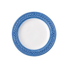 a blue and white plate on a white background