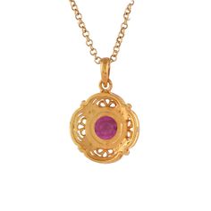 Ruby 14K Gold Vermeil Over Sterling Silver Pendant 925 Silver = 3.25 gm. Ruby = 0.80 ct. Ruby is the birthstone for July and is a symbol of energy, power and love. The beautiful Pendant measures to be 1.10 inches long including bale and 0.75 inches wide at its maximum points. The Pendant have been made by a team of highly trained and skilled artisans. What is Vermeil 14K Gold? It is a thick layer of 14K Gold plating on 925 Sterling Silver. If for any reason you are not completely satisfied, you Gold Ruby Gemstones For Anniversary, Yellow Gold Sterling Silver Birthstone Necklace With Round Stone, Yellow Gold Birthstone Gemstones, Round Shape, Yellow Gold Birthstone Gemstone, Hallmarked Yellow Gold Birthstone Necklace Gift, Spiritual Anniversary Birthstone Necklace With Gemstone, Spiritual Birthstone Necklace For Anniversary, Gold Gemstones Stamped 14k Fine Jewelry, Hallmarked Yellow Gold Gemstones For Gift