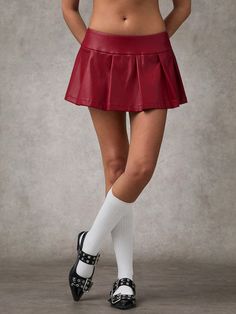 Women's  Fashion Low Waist Pleated Mini Skirt Homecoming Skirt Women Skirts Leather Women Skirt Birthday Women Outfits Red Women Burgundy Skirts Burgundy Casual   Knitted Fabric Plain Pleated Medium Stretch  Women Clothing, size features are:Bust: ,Length: ,Sleeve Length: Party Tennis Skirt In Solid Color, Trendy Party Tennis Skirt, Casual Solid Color Tennis Skirt For Party, Solid Mini Skirt For School, Solid Color Mini Tennis Skirt For Party, Trendy School Skirt For Fall, Trendy Lined School Skirt, Trendy Lined Skirt For School, High Waist Skirt For School In Fall