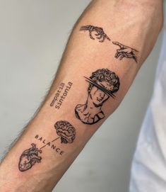 a man's arm with tattoos on it that include images of people and hands