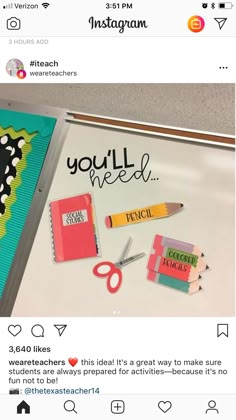 the instagram page is displayed with an image of pencils, scissors and paper