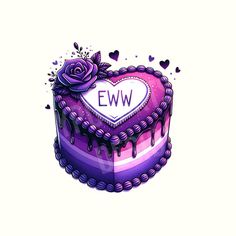 a heart shaped cake with purple icing and a rose on the top that says ew