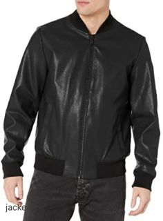 Zipper closure Machine Wash Bomber jacket in a faux leather with a rugged lamb finish and quilted lining Rib knit collar cuffs and hem for added comfort "DKNY" embossed down left sleeve #jacket #menjacket #leatherjacket Cute Windbreaker, Cute Fall Jackets, Jacket Outfit For Men, Men Grunge, Casual Cute Outfits, Down Blanket, Black Moto Jacket, Jackets Casual, Hooded Rain Jacket