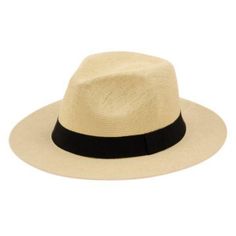 Paper straw panama hats with black grosgrain band One size with adjustable drawstring fits up to 7 3/8 Brim: Approx 2 1/2" 3 5/8" crown Straw Panama Hat, Blue White And Black, Paper Straws, Black And Tan, Panama Hat, Panama, 1 2 3, White And Black, Straw