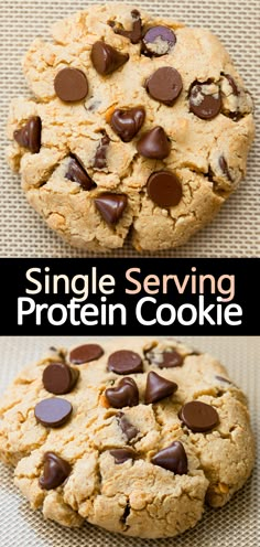 two pictures of cookies with chocolate chips and the words single serving protein cookie on top