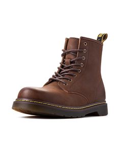 Looking for a boot that combines style and functionality? Look no further than our British Retro High-Top Leather Motorcycle Martin Men's Boot. 👞 Style Meets Versatility: These Martin boots are not just shoes; they're a style statement. With a classic plain pattern available in black and brown, they effortlessly elevate your fashion game. Plus, they're suitable for all seasons – from chilly winters to breezy springs. 🚀 Comfortable Every Step of the Way: Say goodbye to painful feet. Our lace-up Fall Steel Toe Lace-up Martin Boots, Casual Moto Boots With Goodyear Welt Construction, Casual Combat Boots With Goodyear Welt, Durable Leather Lace-up Combat Boots, Waterproof Leather Lace-up Martin Boots, Goodyear Welt Martin Boots With Round Toe For Outdoor, Outdoor Martin Boots With Goodyear Welt And Round Toe, Fall Steel Toe High Ankle Martin Boots, Leather Martin Ankle Boots For Outdoor Work