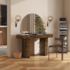 a room with a table, chair and mirror in it that has books on the shelf