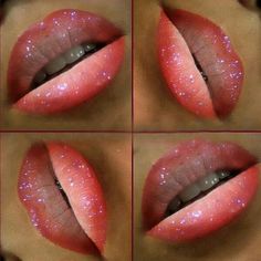 LIGHT EFFECT: Watermelon lipstick. Apply as usual. Cloud white eyeshadow. Apply to inner part of lips and begin to fade halfway into the lipstick coverage. Loose glitter flakes in purple. Take a small amount on a smaller blush brush dust onto lips until it looks like a starry sky. Using the side of your brush, press down the glitter and smile! Ombre Lip, Orange Lips, Ombre Lips, Makijaż Smokey Eye, Glitter Lips, Forever Living Products, Lip Colour, Lip Service, Lip Art