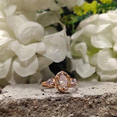 a close up of a ring on a rock with flowers in the background