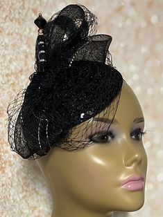 Black Sequin Lace Small Button Fascinator Half Hat for Church Head Covering, Weddings, Tea Parties and Other Special Occasions The hat is trimmed with rhinestones and hat pin. The hat pin may vary.  The hat affixes to the head via a hatstring.  The hat measures approximately 5.4 inches in diameter. Handmade Gifts for mom, sister, wife, or yourself. Elegant Black Hat For Wedding, Gatsby Style Mini Hat Headband For Weddings, Gatsby Style Evening Fascinator For Kentucky Derby, Gatsby Style Mini Hats For Kentucky Derby Evening, Elegant Mini Hats With Pinched Crown For Weddings, Elegant Fitted Headband For Church, Elegant Wedding Mini Hat With Pinched Crown, Adjustable Bridal Accessories For Kentucky Derby Party, Adjustable Bridal Accessories For Kentucky Derby