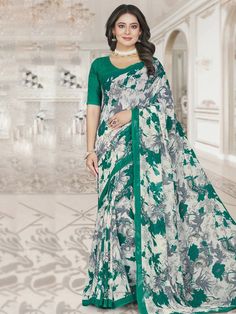 Kesvi Georgette Printed Saree Soft easy to wear georgette fabric. Comes with unstitch blouse fabric. Introducing the Kesvi Saree, made from high-quality Georgette fabric and featuring a beautiful print. Elevate your style with this stunning saree, perfect for any occasion. Festive Printed Georgette Sets, Green Floral Print Dupatta For Navratri, Fitted Floral Print Blouse Piece For Eid, Multicolor Georgette Blouse Piece For Eid, Multicolor Georgette Blouse Piece With Digital Print, Multicolor Digital Print Blouse Piece In Georgette, Multicolor Digital Print Georgette Blouse Piece, Unstitched Chiffon Saree With Printed Border, Printed Georgette Saree For Festive Occasions