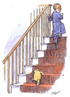 a drawing of a child climbing the stairs with a teddy bear looking at him from below