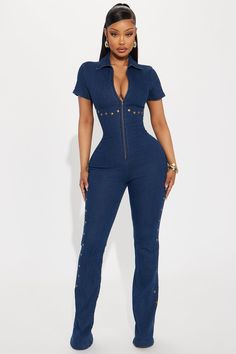 Something About This Denim Jumpsuit - Dark Wash | Fashion Nova Seamless Jumpsuit, Uzun Boy, Denim Fits, Jump Suits, Denim On Denim, Leg Stretching, Navy Fashion, Braids For Black Hair, Jumpsuit Fashion