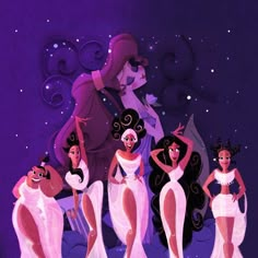 a group of women standing next to each other in front of a purple background with stars