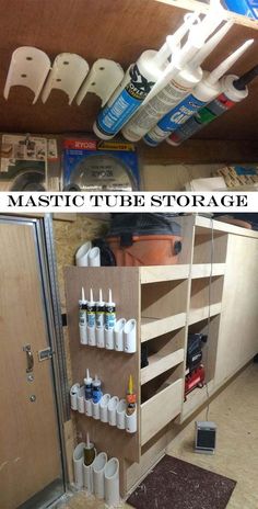 there are many different items on the shelves in this garage storage area, including toothbrushes and toilet paper