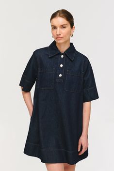 A denim mini dress is a versatile piece in any wardrobe. Our Grace dress is a contemporary take on the classic silhouette with statement contrast buttons, front pockets, and pleat detailing on the back for movement. Wear on its own with boots to create a bold look or style over jeans in the same wash for a modern take on the denim-on-denim trend. Non-stretch Denim Dress With Pockets, Button-up Cotton Denim Dress With Pockets, Non-stretch Mini Length Denim Dress With Pockets, Button-up Denim Mini Dress With Pockets, Short Sleeve Denim, Medium Wash Button-up Denim Dress With Pockets, Contrast Top, Denim Midi Dress, Denim Pocket