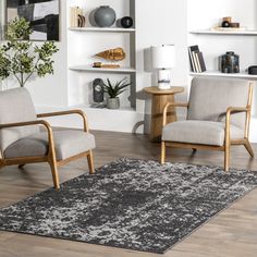 a living room with two chairs and a rug