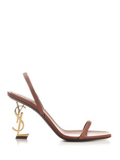 Brown vegetable-tanned leather "Opyum" sandals from Saint Laurent, featuring a square almond toe, an adjustable back strap and a structured Cassandre heel. Luxury Slingback Sandals With Branded Heel Counter, Luxury Calf Leather Slingback Sandals With Block Heel, Luxury Sandals With Sculpted Heel And Square Toe, Luxury Sandals With Wooden Heel And Ankle Strap, Luxury Open Toe Slingback Sandals With Sculpted Heel, Luxury Calf Leather Slingback Sandals, Summer Calf Leather Slingback Sandals With Sculpted Heel, Designer Calf Leather Slingback Sandals With Open Heel, Designer Calf Leather Slingback Sandals