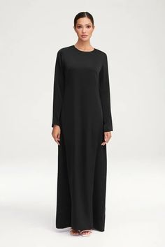 New Sleek Long Sleeve Formal Maxi Dress, Sleek Long Sleeve Satin Evening Dress, Elegant Long Solid Color Dress, Sleek Long Sleeve Satin Dress, Sleek A-line Maxi Dress For Formal Events, Silk Long Sleeve Dresses With Side Slits, Sleek Long Sleeve Silk Dress, Sleek Long Sleeve Satin Midi Dress, Black Silk Dresses With Side Slits