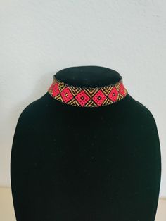 Adjustable length, 13-151/2 inches. Traditional Red Beads Choker, Adjustable Beaded Choker, Adjustable Gold Beaded Necklace For Festival, Handmade Red Beaded Choker Necklace, Traditional Adjustable Black Beads Choker, Traditional Beaded Chain Choker, Traditional Red Necklace With Black Beads, Traditional Red Necklaces With Black Beads, Bohemian Red Necklace With Black Beads