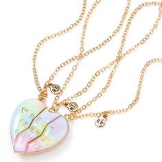 This set of pendant necklaces will have you and your BFFs matching! Set of 3 breakapart heart pendants feature blue and pink pastel colors with an ombre design. Finish: Gold-tone Length: 16" Closure: Lobster clasp Pack Size: 3 Material: Metal - Claire's Best Friends Pastel Ombre Heart Pendant Necklaces - 3 Pack Best Friend Jewelry For 3, 3 Bff Necklaces, Best Friends Necklaces For 3 Bff, 3 Best Friend Bracelets, 3 Best Friends Necklace, Heart-shaped Friendship Necklaces With Adjustable Chain, Heart-shaped Adjustable Chain Necklace For Friendship, Heart-shaped Friendship Necklace With Adjustable Chain, Friendship Heart Necklace With Adjustable Chain