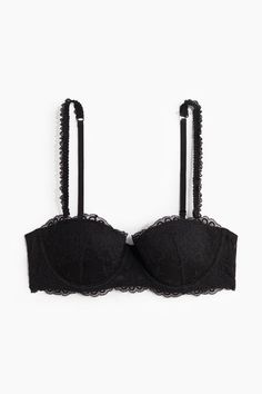 Balconette bra in lace with detachable  adjustable shoulder straps. Padded underwire cups for lifting and shaping  boning in sides  and a wide strap at back with hook-and-eye fasteners. Lace Balconette, Balcony Bra, Cute Bras, Black Lace Bra, Balconette Bra, Lace Corset, Black Bra, College Life, Bra Set