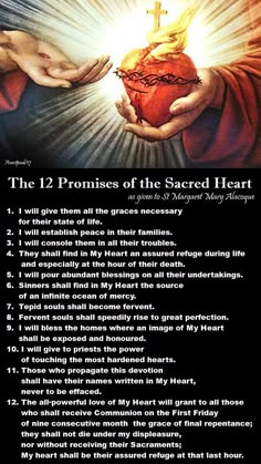 two hands holding an apple with the words, the 12 pronies of the sacred heart