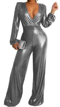 PRICES MAY VARY. Material: Women Casual Solid Jumpsuits is made of 95% polyester fabric, and 5% spandex is added to make the Jumpsuit more elastic. Soft, comfortable, light, breathable, loose and fashionable jumpsuits and rompers. Imported FABRIC: very soft and comfortable to wear. Fashion Sexy Deep V Neck Long Sleeve Long Wide Leg Pant to match with a high heel for a charming look, decent material and elegant V neck design, it is great for casual or party, work Zipper closure Hand Wash Only des Fashionable Jumpsuits, Silver Jumpsuit, Silver Jumpsuits, Wide Leg Pants Plus Size, Sparkly Jumpsuit, Wide Leg Pant Suit, Party Rompers, Solid Jumpsuit, Plus Size Romper