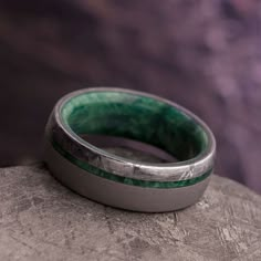 Sandblasted Men's Wedding Band With Green Box Elder Wood And Meteorite-3858 - Jewelry by Johan Green Wedding Band, Gibeon Meteorite, Meteorite Jewelry, Jewelry By Johan, Box Elder, Inlay Jewelry, Meteorite Ring, Men's Wedding Bands, Green Rings