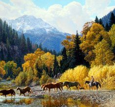 a painting of horses crossing a river in the mountains