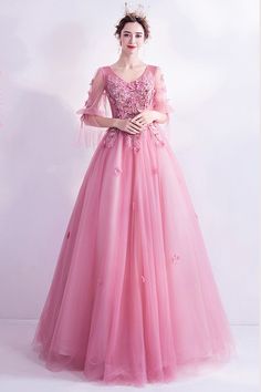 Pink Princess Gown For Banquet, Pink Tulle Ball Gown For Prom, Pink Ball Gown For Banquet, Pink Ball Gown For Debutante Ball In Spring, Pink Evening Dress For Debutante Ball And Prom Season, Pink Princess Dress For Wedding And Prom, Pink Princess Quinceanera Dress For Banquet, Pink Tulle Gown For Prom Season, Pink Quinceanera Dress For Prom Season Banquet