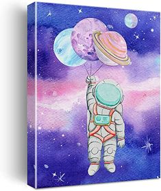 an astronaut floating in the sky with planets on his back