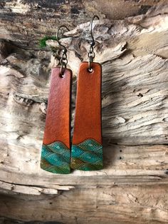 Bohemian Brown Rectangular Earrings, Brown Rectangular Bohemian Earrings, Handmade Turquoise Leather Earrings, Handmade Leather Earrings In Turquoise, Handmade Leather Turquoise Earrings, Brown Rectangular Leather Jewelry, Brown Leather Rectangular Jewelry, Artisan Brown Patina Earrings, Artisan Brown Earrings With Patina