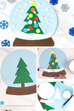 paper plate snow globe with christmas tree cut out and glue on the top to make it look like an ornament