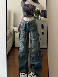 Couleur: Bleu; Taille: XS, S, M, L, XL Y2k Street Fashion, Retro Overalls, Overalls Jeans, Celana Kargo, Celana Fashion, Jeans Female, Denim Cargo Pants, Streetwear Jeans, Heavy Industry