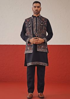 Navy Blue Embroidered Kurta Set With Jacket Kalpraag - Fabilicious Fashion Winter Straight Kurta Sets With Resham Embroidery, Traditional Outerwear With Resham Embroidery For Eid, Fitted Nehru Jacket With Embroidered Border For Festivals, Festive Fitted Nehru Jacket With Embroidered Sleeves, Bollywood Style Outerwear With Resham Embroidery For Eid, Designer Traditional Outerwear For Eid, Eid Chikankari Embroidery Straight Kurta Outerwear, Bollywood Style Nehru Jacket With Resham Embroidery For Winter, Eid Chikankari Embroidery Straight Kurta