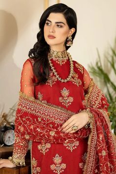 Classic Red Embroidered Pakistani Salwar Kameez Dupatta Set Designer Red Churidar With Sheer Dupatta, Red Kurta With Sheer Dupatta For Wedding, Wedding Red Kurta With Sheer Dupatta, Designer Red Churidar With Dupatta, Festive Red Sharara With Dabka Work, Red Semi-stitched Anarkali Set For Eid, Red Chinon Sharara For Eid, Festive Red Salwar Kameez With Sheer Dupatta, Designer Red Salwar Kameez With Dupatta