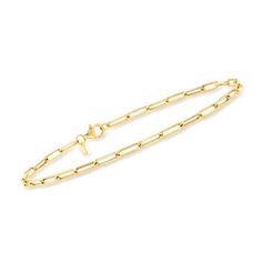 Ross-Simons - Italian 14kt Yellow Gold Paper Clip Link Anklet. 9". RS Pure. Modern designs that complete your outfit and complement your personality. A must-have trend: the paper clip link anklet. Chic and minimal in its design, this 14kt yellow gold paper clip link anklet from Italy is contemporary and versatile - the perfect piece to show off your effortless style from head to toe! Lobster clasp, 14kt yellow gold paper clip link anklet. Yellow Gold Paperclip Bracelet, Gold Cable Chain Bracelet With Paperclip Shape, Gold Paperclip Cable Chain Bracelet, Classic Paperclip Box Chain Bracelet, Classic Gold-tone Paperclip Bracelet With Lobster Clasp, Classic Gold-tone Paperclip Bracelet With Adjustable Chain, Classic Yellow Gold Paperclip Bracelet, Gold Paper, Paper Clip