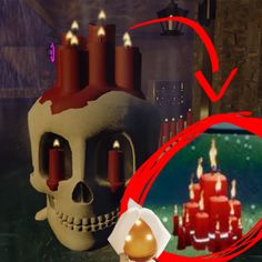 an image of a skull with candles in front of it and a red circle around it