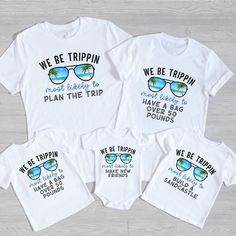 These fun custom family vacation matching tees are perfect to give as a gift to friends and family in your life. Wear these on your next family or friend vacay trip and have fun with the personalized Most Likely to message. When ordering Select the size shirt that you'd like and the most likely to message. Add it to your cart. Repeat for each shirt you order. Content + Care -Machine wash cold and tumble dry low Size + Fit -True To Size Fit (American Uni-Sex Sizes for T-Shirts) -Available in baby 3month-18 months, toddler 2t-5t, youth small-XL, and adult sizes small, medium, large, x-large, 2x-large, and 3x-large Processing + Shipping Your order will ship out in 2-5 days. Please allow 1-2 days for processing. Most orders are delivered in 7-10 business days. Refunds + Exchanges We know that Family Tee Shirts Ideas Vacation, Diy Family Vacation Shirts Ideas, We Be Trippin Vacation Shirts, Family Beach Shirts Ideas, Family Vacation Gift Ideas, Family Beach Trip Shirts, Friend Vacation Shirts, Matching Travel Outfits, Family Tshirt Ideas Matching Shirts