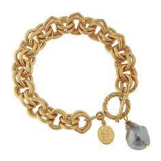 An elegant grey baroque pearl adds stunning detail to this double link chain toggle bracelet. 8 inches Toggle Clasp Triple plated 24K gold with Genuine Grey Baroque Pearl Handmade in San Antonio, TX Susan Shaw, Usa Jewelry, Tiny Charm, Toggle Bracelet, 24kt Gold, Pearl Grey, San Antonio Tx, Pearl Chain, Ankle Bracelets