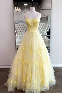 Yellow Long Dress, Prom Dresses Elegant, Princess Prom Dresses, Long Formal Gowns, Senior Prom Dresses, Prom Dresses Yellow, Spaghetti Strap Prom Dress, Diy Vetement, Elegant Prom Dresses