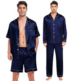 PRICES MAY VARY. 65% Polyester, 35% Cotton Imported Button closure Hand Wash or Machine Wash SATIN PAJAMA SET - 4 Pcs mens pajama sets is made of satin with some stretch touch, silky-smooth, very softly and comfy. Lightweight and skin-friendly material care for people's health. FEATURES - Men pajama sets include long sleeve tops, short sleeve tops, long pants and shorts. You can matching them in several styles and wear them for all seasons. Elastic waist pants, making your kids feel relax. Classic notch collar,chest pocket lend sophisticated detail. PRESENT - The men satin sleepwear sets is perfect for sleeping, bathing and lounging indoor and outdoor. Great choices for your husband, boyfriend, brother and son as a birthday gift and beautiful present for Father's day, Valentine's Day and C Classic Loungewear, Silk Pajamas Set, Mens Pajama, Sleep Sets, Couple Pajamas, Satin Pajama, Silk Sleepwear, Satin Sleepwear, Mens Pajamas Set