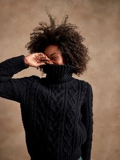 Saw this on Banana Republic: Styled Outfits, Vintage Suede Jacket, Oversized Turtleneck Sweater, Cable Knit Turtleneck Sweater, Ribbed Turtleneck Sweater, Oversized Turtleneck, Fisherman Sweater, Looks Black, Knit Turtleneck