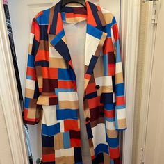 Large Coat Never Worn Multicolor Long Oversized Outerwear, Multicolor Long Sleeve Patchwork Sweater Coat, Brown Long Patchwork Outerwear, Multicolor Oversized V-neck Outerwear, Cozy Multicolor One-size Sweater Coat, Trench Coat, Womens Sizes, Jackets & Coats, Jackets For Women